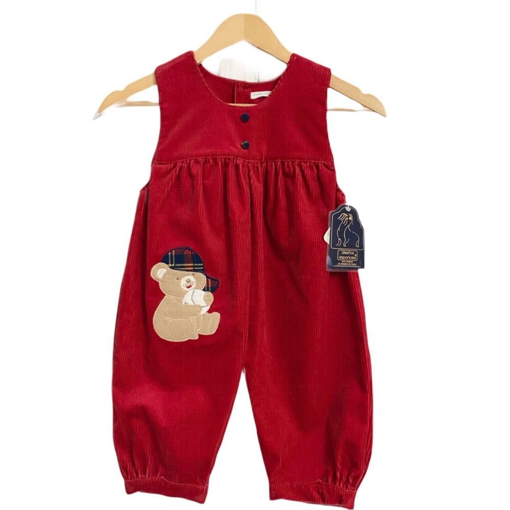 NWT Red Corduroy Kids Overalls with Bear Patch Size 2 yrs